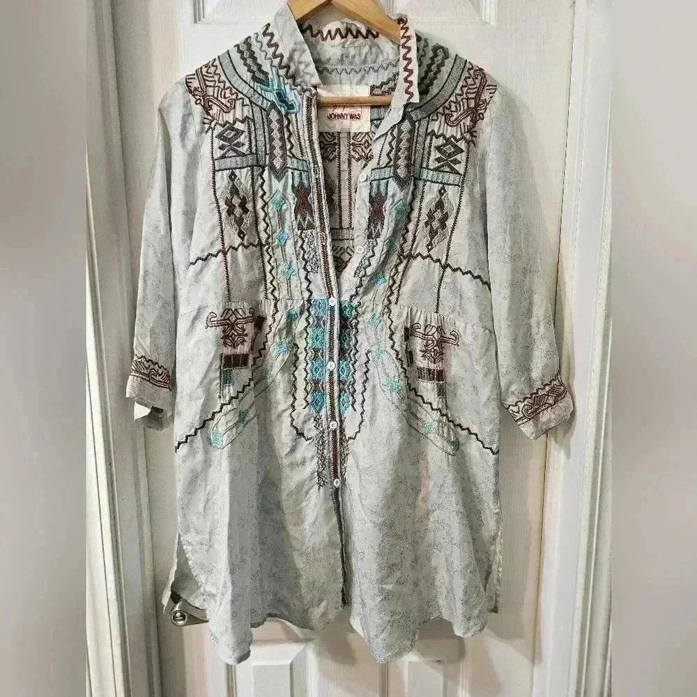 Johnny Was Gray Embroidered Top